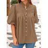 image:imagePRETTYGARDEN Womens 2026 Summer Short Lantern Sleeve Tops Loose Fit Button Down Shirt Pleated V Neck Blouses Trendy ClothesLight Khaki