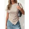 image:imagePRETTYGARDEN Womens Asymmetrical Tops 2026 Spring Summer Going Out Shirts Y2K Short Sleeve Crew Neck Ruched Trendy ClothesLight Khaki