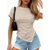 image:imagePRETTYGARDEN Womens Asymmetrical Tops 2026 Spring Summer Going Out Shirts Y2K Short Sleeve Crew Neck Ruched Trendy ClothesLight Khaki