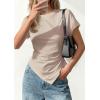 image:imagePRETTYGARDEN Womens Asymmetrical Tops 2026 Spring Summer Going Out Shirts Y2K Short Sleeve Crew Neck Ruched Trendy ClothesLight Khaki