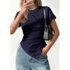 image:imagePRETTYGARDEN Womens Asymmetrical Tops 2026 Spring Summer Going Out Shirts Y2K Short Sleeve Crew Neck Ruched Trendy ClothesNavy