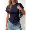 image:imagePRETTYGARDEN Womens Asymmetrical Tops 2026 Spring Summer Going Out Shirts Y2K Short Sleeve Crew Neck Ruched Trendy ClothesNavy