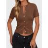 image:imagePRETTYGARDEN Womens Casual Summer Short Sleeve Cardigans 2026 Button Down Knitted Sweater Basic Crew Neck Crop TopsBrown
