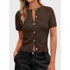 image:imagePRETTYGARDEN Womens Casual Summer Short Sleeve Cardigans 2026 Button Down Knitted Sweater Basic Crew Neck Crop TopsDark Brown
