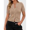 image:imagePRETTYGARDEN Womens Casual Summer Short Sleeve Cardigans 2026 Button Down Knitted Sweater Basic Crew Neck Crop TopsKhaki