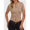 image:imagePRETTYGARDEN Womens Casual Summer Short Sleeve Cardigans 2026 Button Down Knitted Sweater Basic Crew Neck Crop TopsKhaki