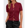 image:imagePRETTYGARDEN Womens Casual Summer Short Sleeve Cardigans 2026 Button Down Knitted Sweater Basic Crew Neck Crop TopsWine Red