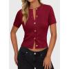 image:imagePRETTYGARDEN Womens Casual Summer Short Sleeve Cardigans 2026 Button Down Knitted Sweater Basic Crew Neck Crop TopsWine Red