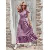 image:imagePRETTYGARDEN Womens Dresses 2026 Summer Maxi Dress Boho Short Sleeve V Neck Swiss Dot Ruffle Tiered Smocked Flowy Long DressPurple