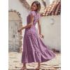 image:imagePRETTYGARDEN Womens Dresses 2026 Summer Maxi Dress Boho Short Sleeve V Neck Swiss Dot Ruffle Tiered Smocked Flowy Long DressPurple