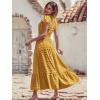 image:imagePRETTYGARDEN Womens Dresses 2026 Summer Maxi Dress Boho Short Sleeve V Neck Swiss Dot Ruffle Tiered Smocked Flowy Long DressYellow