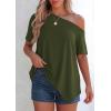 image:imagePRETTYGARDEN Womens Off the Shoulder Summer Tops Short Sleeve Tunic Blouse 2026 Casual Spring Asymmetrical Oversized TshirtsArmy Green