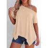 image:imagePRETTYGARDEN Womens Off the Shoulder Summer Tops Short Sleeve Tunic Blouse 2026 Casual Spring Asymmetrical Oversized TshirtsBeige