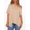 image:imagePRETTYGARDEN Womens Off the Shoulder Summer Tops Short Sleeve Tunic Blouse 2026 Casual Spring Asymmetrical Oversized TshirtsBeige
