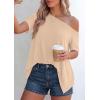 image:imagePRETTYGARDEN Womens Off the Shoulder Summer Tops Short Sleeve Tunic Blouse 2026 Casual Spring Asymmetrical Oversized TshirtsBeige