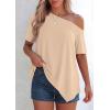 image:imagePRETTYGARDEN Womens Off the Shoulder Summer Tops Short Sleeve Tunic Blouse 2026 Casual Spring Asymmetrical Oversized TshirtsBeige