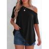 image:imagePRETTYGARDEN Womens Off the Shoulder Summer Tops Short Sleeve Tunic Blouse 2026 Casual Spring Asymmetrical Oversized TshirtsBlack