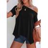 image:imagePRETTYGARDEN Womens Off the Shoulder Summer Tops Short Sleeve Tunic Blouse 2026 Casual Spring Asymmetrical Oversized TshirtsBlack