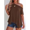 image:imagePRETTYGARDEN Womens Off the Shoulder Summer Tops Short Sleeve Tunic Blouse 2026 Casual Spring Asymmetrical Oversized TshirtsBrown
