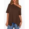image:imagePRETTYGARDEN Womens Off the Shoulder Summer Tops Short Sleeve Tunic Blouse 2026 Casual Spring Asymmetrical Oversized TshirtsBrown