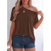 image:imagePRETTYGARDEN Womens Off the Shoulder Summer Tops Short Sleeve Tunic Blouse 2026 Casual Spring Asymmetrical Oversized TshirtsBrown