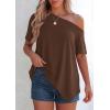 image:imagePRETTYGARDEN Womens Off the Shoulder Summer Tops Short Sleeve Tunic Blouse 2026 Casual Spring Asymmetrical Oversized TshirtsBrown