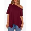 image:imagePRETTYGARDEN Womens Off the Shoulder Summer Tops Short Sleeve Tunic Blouse 2026 Casual Spring Asymmetrical Oversized TshirtsBurgundy