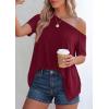 image:imagePRETTYGARDEN Womens Off the Shoulder Summer Tops Short Sleeve Tunic Blouse 2026 Casual Spring Asymmetrical Oversized TshirtsBurgundy
