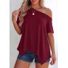 image:imagePRETTYGARDEN Womens Off the Shoulder Summer Tops Short Sleeve Tunic Blouse 2026 Casual Spring Asymmetrical Oversized TshirtsBurgundy