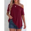 image:imagePRETTYGARDEN Womens Off the Shoulder Summer Tops Short Sleeve Tunic Blouse 2026 Casual Spring Asymmetrical Oversized TshirtsBurgundy