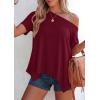 image:imagePRETTYGARDEN Womens Off the Shoulder Summer Tops Short Sleeve Tunic Blouse 2026 Casual Spring Asymmetrical Oversized TshirtsBurgundy