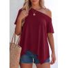 image:imagePRETTYGARDEN Womens Off the Shoulder Summer Tops Short Sleeve Tunic Blouse 2026 Casual Spring Asymmetrical Oversized TshirtsBurgundy