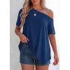 image:imagePRETTYGARDEN Womens Off the Shoulder Summer Tops Short Sleeve Tunic Blouse 2026 Casual Spring Asymmetrical Oversized TshirtsDusty Blue