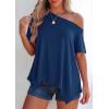 image:imagePRETTYGARDEN Womens Off the Shoulder Summer Tops Short Sleeve Tunic Blouse 2026 Casual Spring Asymmetrical Oversized TshirtsDusty Blue