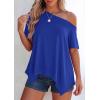 image:imagePRETTYGARDEN Womens Off the Shoulder Summer Tops Short Sleeve Tunic Blouse 2026 Casual Spring Asymmetrical Oversized TshirtsRoyal Blue
