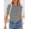 image:imagePRETTYGARDEN Womens Puff Short Sleeve Summer Tops 2026 Casual Ribbed Knit Work Basic Tees Crewneck Spring Striped T ShirtsBlack