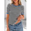 image:imagePRETTYGARDEN Womens Puff Short Sleeve Summer Tops 2026 Casual Ribbed Knit Work Basic Tees Crewneck Spring Striped T ShirtsBlack