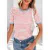 image:imagePRETTYGARDEN Womens Puff Short Sleeve Summer Tops 2026 Casual Ribbed Knit Work Basic Tees Crewneck Spring Striped T ShirtsPink