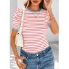 image:imagePRETTYGARDEN Womens Puff Short Sleeve Summer Tops 2026 Casual Ribbed Knit Work Basic Tees Crewneck Spring Striped T ShirtsPink