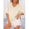 image:imagePRETTYGARDEN Womens Short Sleeve Sweater Tops 2026 Spring Summer Casual V Neck Ribbed Knit Trendy Eyelet Blouse T ShirtsApricot