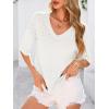 image:imagePRETTYGARDEN Womens Short Sleeve Sweater Tops 2026 Spring Summer Casual V Neck Ribbed Knit Trendy Eyelet Blouse T ShirtsBeige White
