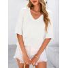 image:imagePRETTYGARDEN Womens Short Sleeve Sweater Tops 2026 Spring Summer Casual V Neck Ribbed Knit Trendy Eyelet Blouse T ShirtsBeige White