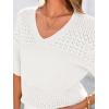 image:imagePRETTYGARDEN Womens Short Sleeve Sweater Tops 2026 Spring Summer Casual V Neck Ribbed Knit Trendy Eyelet Blouse T ShirtsBeige White