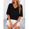 image:imagePRETTYGARDEN Womens Short Sleeve Sweater Tops 2026 Spring Summer Casual V Neck Ribbed Knit Trendy Eyelet Blouse T ShirtsBlack