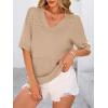 image:imagePRETTYGARDEN Womens Short Sleeve Sweater Tops 2026 Spring Summer Casual V Neck Ribbed Knit Trendy Eyelet Blouse T ShirtsDark Apricot