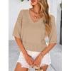 image:imagePRETTYGARDEN Womens Short Sleeve Sweater Tops 2026 Spring Summer Casual V Neck Ribbed Knit Trendy Eyelet Blouse T ShirtsDark Apricot