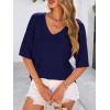 image:imagePRETTYGARDEN Womens Short Sleeve Sweater Tops 2026 Spring Summer Casual V Neck Ribbed Knit Trendy Eyelet Blouse T ShirtsDark Royal Blue