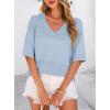 image:imagePRETTYGARDEN Womens Short Sleeve Sweater Tops 2026 Spring Summer Casual V Neck Ribbed Knit Trendy Eyelet Blouse T ShirtsLight Blue