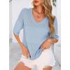 image:imagePRETTYGARDEN Womens Short Sleeve Sweater Tops 2026 Spring Summer Casual V Neck Ribbed Knit Trendy Eyelet Blouse T ShirtsLight Blue