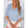 image:imagePRETTYGARDEN Womens Short Sleeve Sweater Tops 2026 Spring Summer Casual V Neck Ribbed Knit Trendy Eyelet Blouse T ShirtsLight Blue